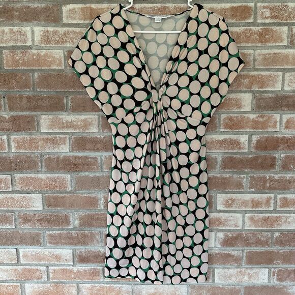 Diane Von Furstenberg DVF Natalie Shift V Neck Dress 100% Silk Green Pink Size 4 - Picture 1 of 11